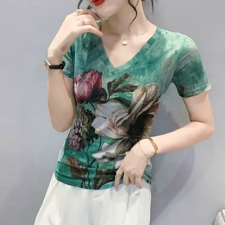 女装2024新款漂亮网纱打底衫短袖修身显瘦性感V领时尚印花T恤上衣商品大图