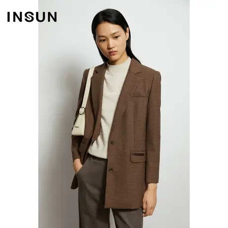 INSUN恩裳秋季复古咖色格纹西装外套商品大图