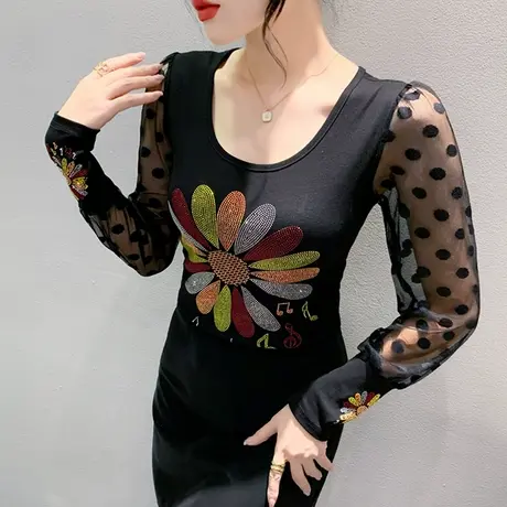 网纱拼接T恤女长袖2024春秋新款时尚重工烫钻上衣气质圆领打底衫图片