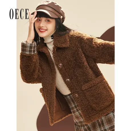 Oece羊羔毛外套秋冬季新款复古气质短款大衣外套女商品大图