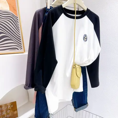 胖MM秋冬加绒T恤韩代款小熊刺绣拼色双面德绒上衣打底宽松遮屁股商品大图