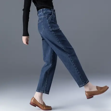 宽松牛仔裤女春秋新款大码女裤休闲裤子高腰九分老爹裤妈妈哈伦裤商品大图