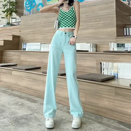 浅绿色阔腿牛仔裤女2024年春秋新款高腰窄版宽松显瘦ins直筒裤潮商品大图