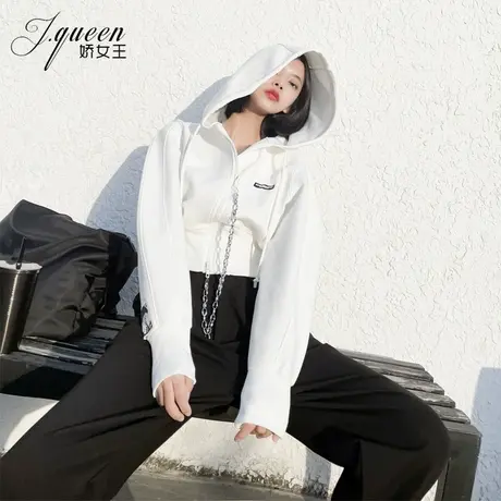 连帽卫衣女短款春季时尚宽松休闲收腰显瘦运动风开衫短帽衫外套图片