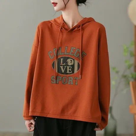 dza 复古纯棉橘色连帽卫衣女士春秋短款套头印花上衣宽松长袖外套图片