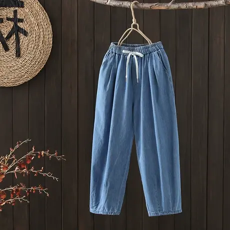 枫谜2023新款复古文艺休闲百搭显瘦抽绳松紧腰牛仔九分哈伦裤图片