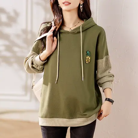 连帽卫衣女春秋新款宽松加大码女装中年妈妈减龄百搭刺绣显瘦上衣商品大图