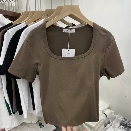 纯色短袖女夏季2024新款设计感小众纯棉修身锁骨方领T恤短款上衣图片