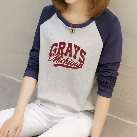 纯棉长袖t恤女春装2023年新款宽松打底衫百搭拼接字母印花上衣潮图片