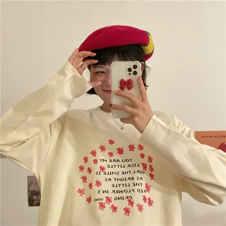红续温柔学院风chic小红花字母宽松纯棉长袖T恤女2023年春秋新款商品大图