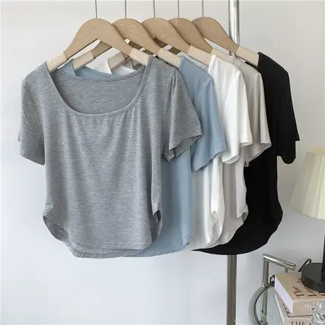 方领短款莫代尔T恤罩衫女高腰简约小短款瑜伽运动练功服休闲上衣商品大图