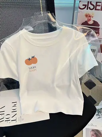 白色仿棉短袖正肩t恤女夏季新款设计感小众显瘦短款卡腰小衫上衣图片