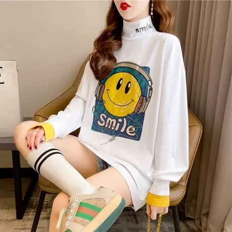 早春装长袖t恤女秋冬季韩版宽松加绒中长款内搭半高领上衣打底衫商品大图