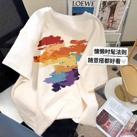 港味复古chic情侣t恤女夏大码慵懒风设计感正肩短袖ins潮宽松上衣商品大图