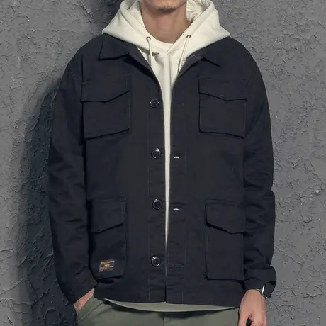 奕飏多口袋工装夹克复古翻领青年外套男春秋帅气潮流上衣2019新款图片