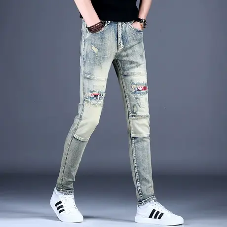 黄泥水洗破洞牛仔裤男款修身小脚裤子乞丐秋冬男裤2023新款美式潮图片