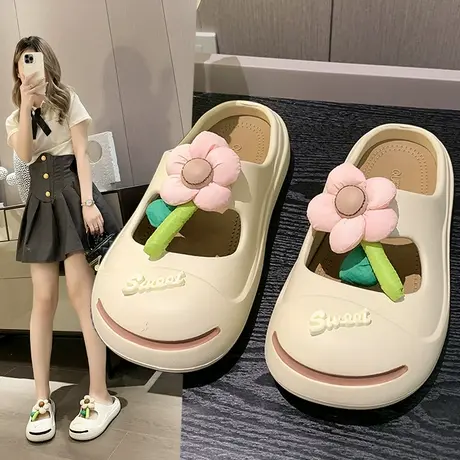 花朵包头半拖鞋女外穿夏季2025年新款踩屎感网红厚底防滑沙滩凉拖图片