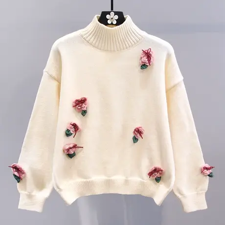 小清新立体花朵高领毛衣女冬季2023新款宽松高级感洋气软糯针织衫商品大图