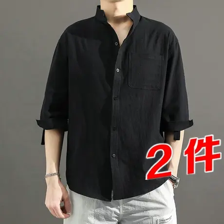 亚麻衬衫男短袖中国风棉麻七分宽松大码胖子立领痞帅韩版潮流衬衣图片