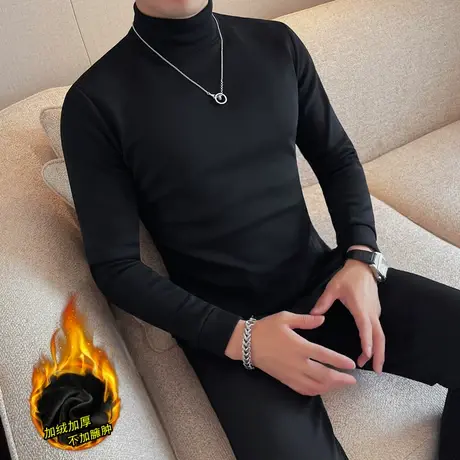 纯色男秋冬款潮牌痞帅长袖T恤2023新款男加绒加厚保暖打底衫上衣图片
