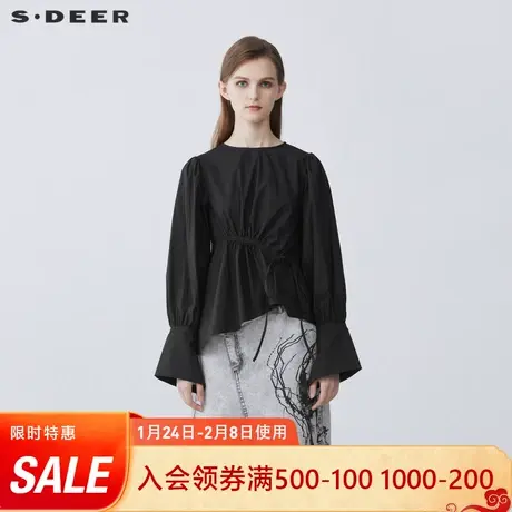 sdeer圣迪奥2021新品圆领抽褶系带抽绳不规则长袖衬衫女S21360526图片