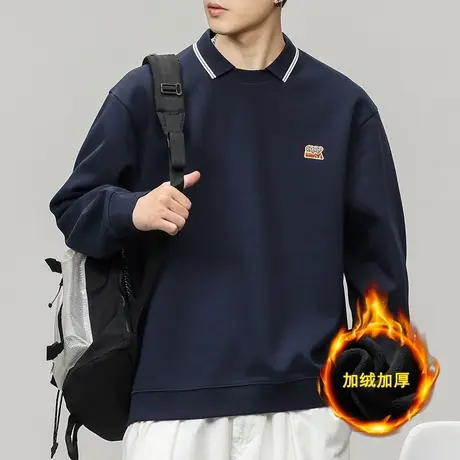 男士重磅美式加绒卫衣男冬季加厚polo领学院风上衣保暖秋冬内搭男商品大图