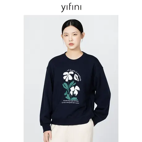 Yifini/易菲纯棉色纺纱工艺印花长袖卫衣女冬季新款保暖上衣商品大图