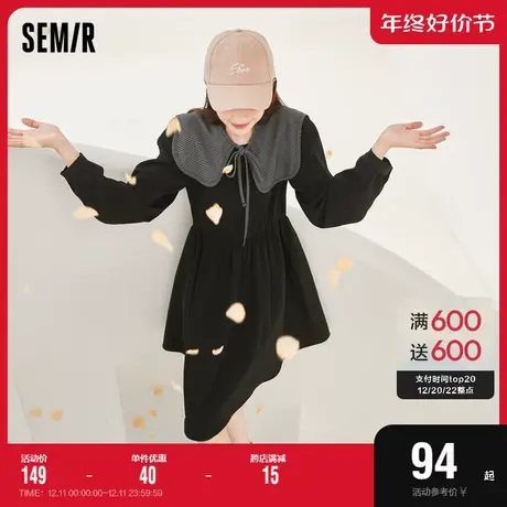 森马连衣裙女泡泡袖小黑裙格子设计学院风裙子气质小个子春装显瘦图片