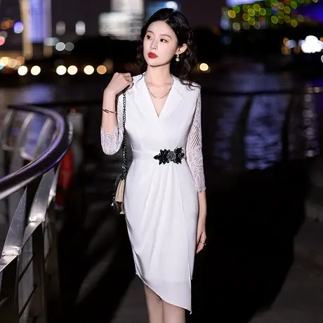 白色晚礼服裙女新款短款轻奢小众高端高级感气质西装领宴会连衣裙图片