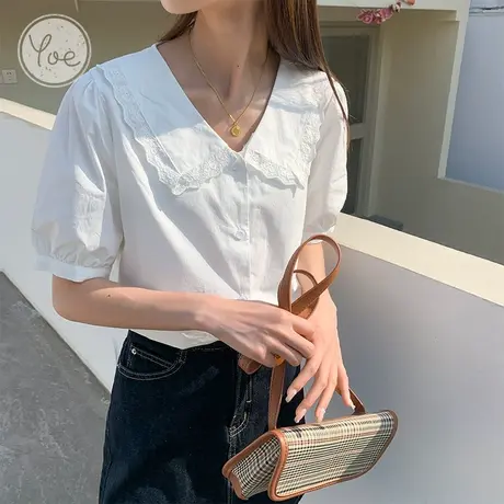 yoe夏装短袖衬衫女蕾丝花边泡泡袖清新甜美上衣温柔宽松穿搭白色图片