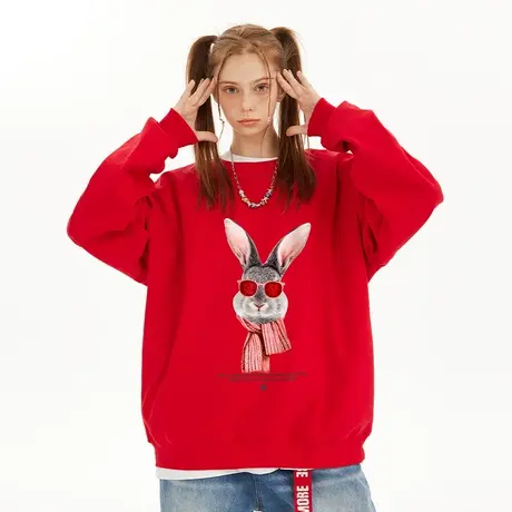 Nuthink新年本命年国潮红色圆领卫衣男潮中性风加绒加厚宽松上衣商品大图