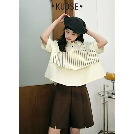 阔色假两件背心衬衫女装条纹短袖衬衣夏季设计感小众短款宽松上衣商品大图