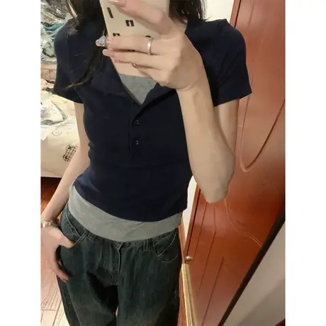 小众别致半袖T恤女春夏季新款韩版百搭修身短款小个子假两件上衣商品大图