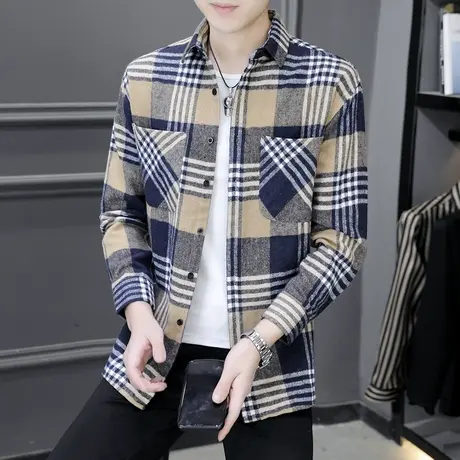 衬衫男士休闲潮流格子帅气秋季新款衬衣青少年学生外套男装上衣服商品大图