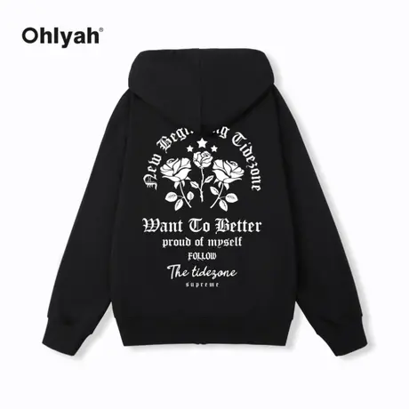 Ohlyah英文玫瑰花卉印花拉链开衫卫衣外套男女同款潮牌宽松外套商品大图