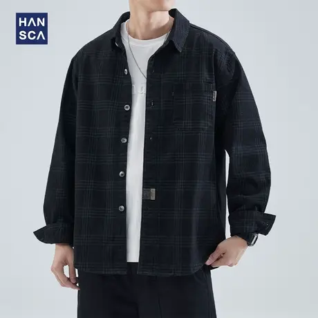 hansca格子衬衫男长袖春季日系复古潮流宽松大码痞帅翻领夹克外套商品大图