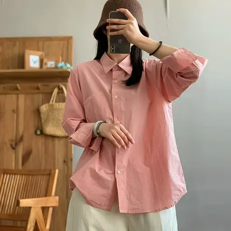 dza 复古纯棉白色长袖衬衣女春新款宽松休闲上衣百搭短款休闲衬衫图片
