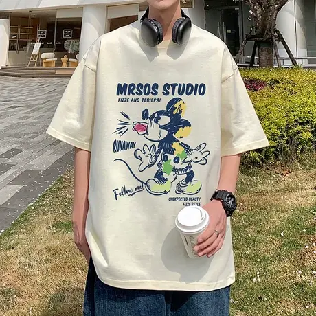 纯棉短袖T恤男2024新款涂鸦米奇潮牌宽松半袖oversize圆领体恤衫图片