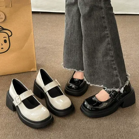 厚底法式玛丽珍鞋女2024新款春秋季增高小皮鞋浅口jk制服粗跟单鞋商品大图