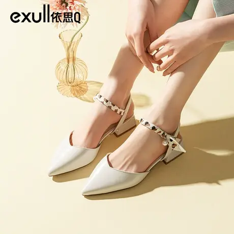 依思q尖头粗跟单鞋女2024年新款法式小跟鞋女鞋一字带包头凉鞋女商品大图