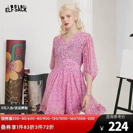 妖精的口袋雪纺碎花连衣裙女2023夏新款v领泡泡袖收腰a字显瘦裙子图片