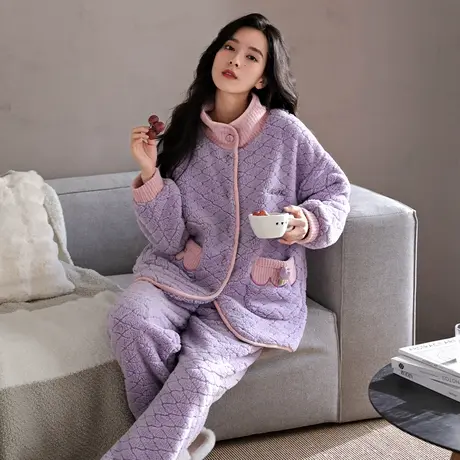 婷美冬季珊瑚绒睡衣女士新款开衫立领加绒保暖长毛绒家居服两件套图片