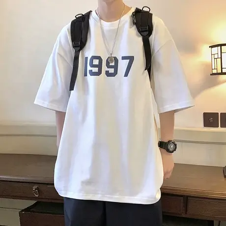 发泡印花纯棉短袖t恤男夏季宽松美式复古半袖潮流内搭港风打底衫商品大图