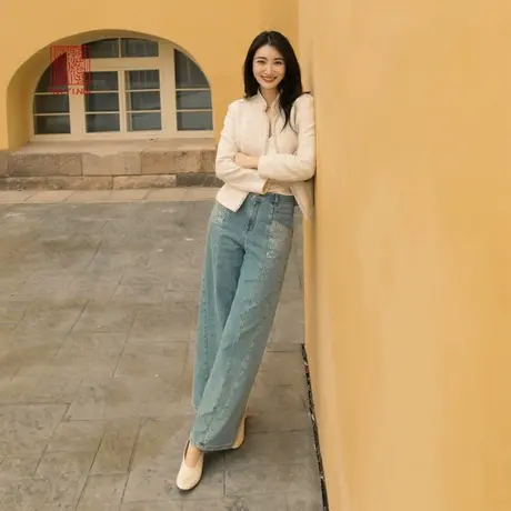 EP雅莹高端系列 时尚休闲几何烫钻阔腿牛仔裤 2023新款J607A商品大图