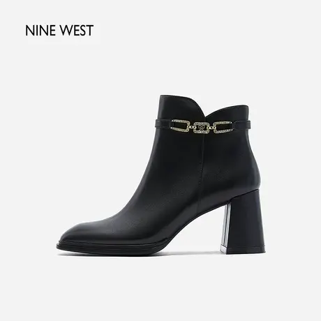 Nine West/玖熙99钻链真皮粗跟短靴2023冬新款方头职业气质瘦瘦靴商品大图