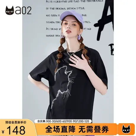 a02原创精致猫咪刺绣T恤夏季新款小众文艺百搭宽松上衣女ins商品大图