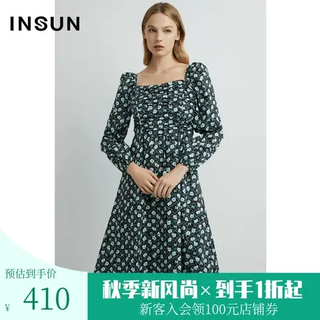 恩裳2023年早春新品方领显瘦收褶收腰碎花连衣裙a摆裙子图片