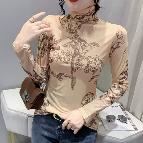 高领打底衫女内搭2023春秋新款时尚漂亮印花T恤洋气性感网纱上衣商品大图