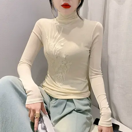 设计感半高领T恤女长袖重工刺绣拼接上衣洋气修身外穿内搭打底衫商品大图