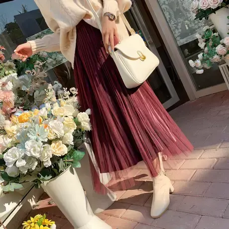 红色网纱半身裙仙女裙秋冬小个子网红爆款高腰中长款超火百褶裙子图片